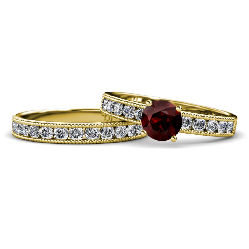 Ronia Classic Red Garnet and Diamond Bridal Set Ring 