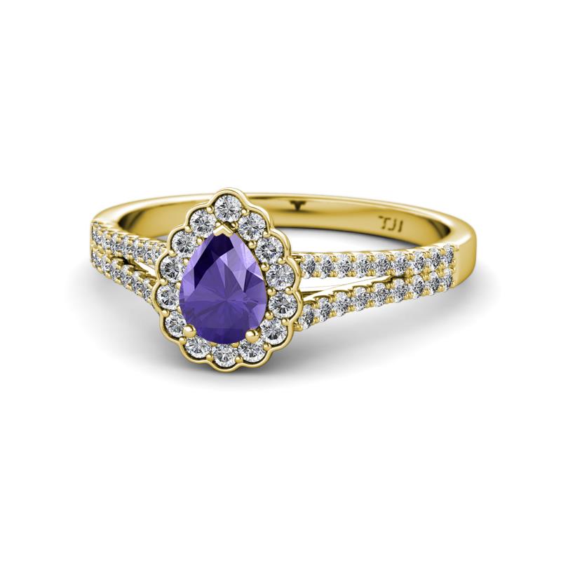 Raisa Desire Pear Cut Iolite and Diamond Halo Engagement Ring 