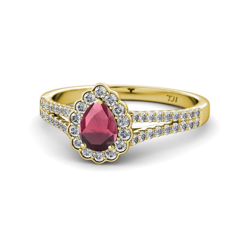 Raisa Desire Pear Cut Rhodolite Garnet and Diamond Halo Engagement Ring 