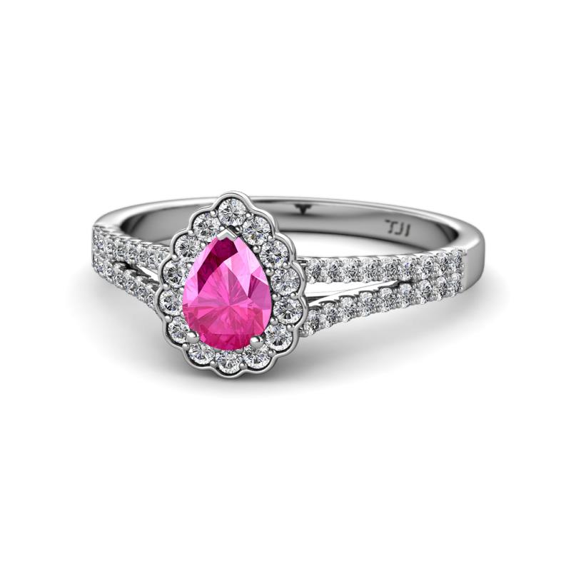 Raisa Desire Pear Cut Pink Sapphire and Diamond Halo Engagement Ring 