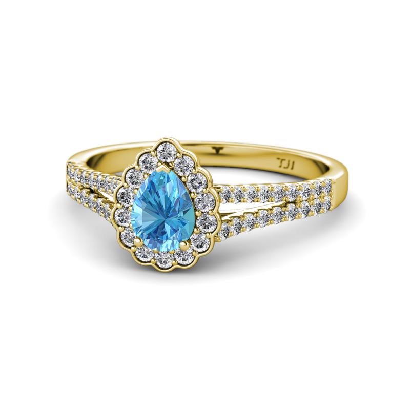 Raisa Desire Pear Cut Blue Topaz and Diamond Halo Engagement Ring 