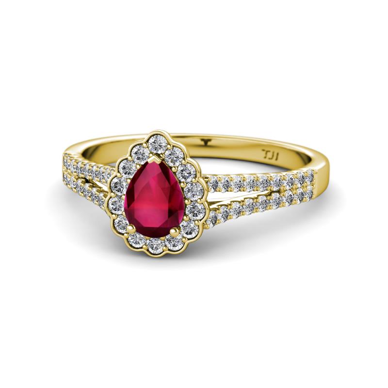 Raisa Desire Pear Cut Ruby and Diamond Halo Engagement Ring 