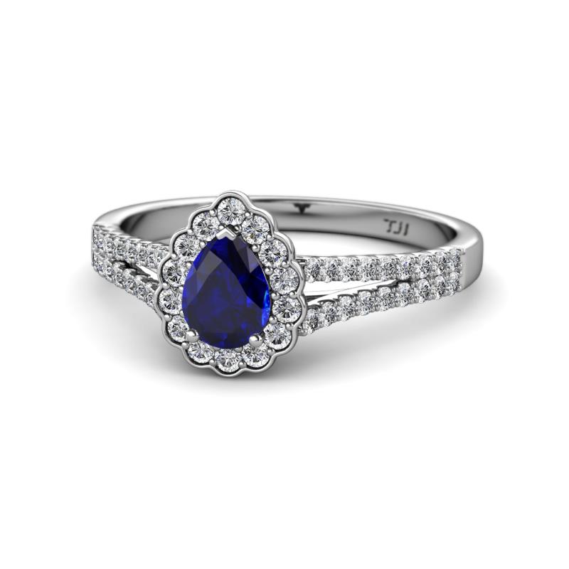 Raisa Desire Pear Cut Blue Sapphire and Diamond Halo Engagement Ring 