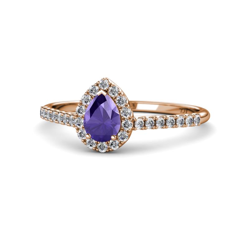 Alba Desire Pear Cut Iolite and Diamond Halo Engagement Ring 