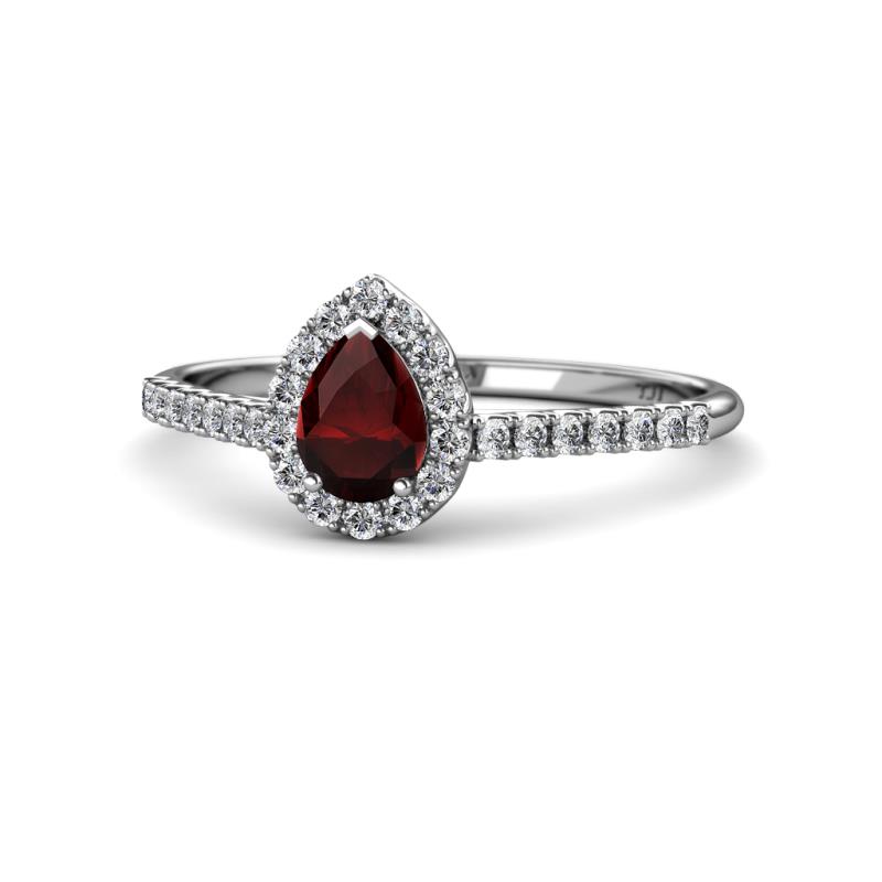 Alba Desire Pear Cut Red Garnet and Diamond Halo Engagement Ring 