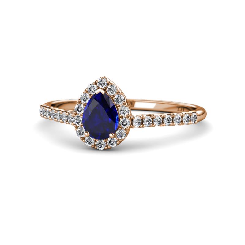 Alba Desire Pear Cut Blue Sapphire and Diamond Halo Engagement Ring 
