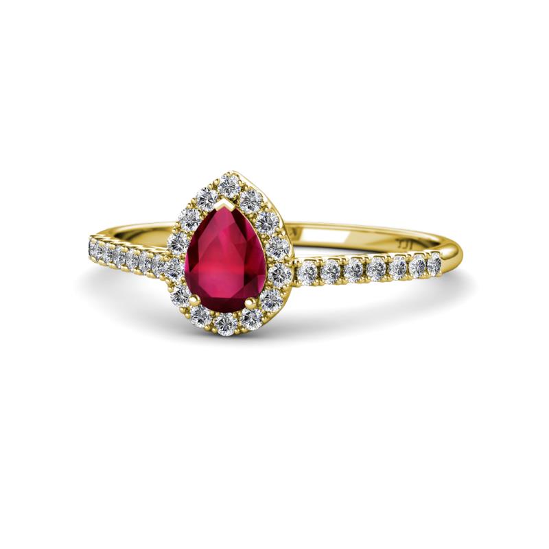 Alba Desire Pear Cut Ruby and Diamond Halo Engagement Ring 