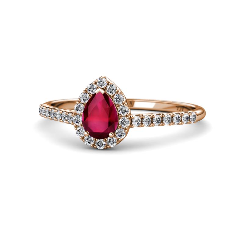Alba Desire Pear Cut Ruby and Diamond Halo Engagement Ring 