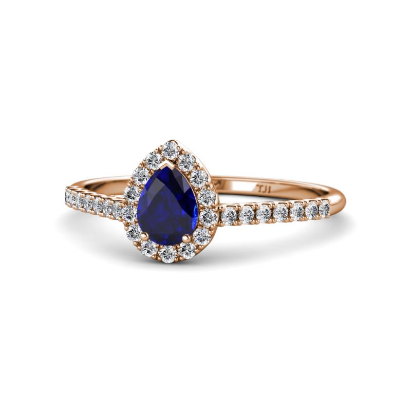 Arella Desire Pear Cut Blue Sapphire and Diamond Halo Engagement Ring 