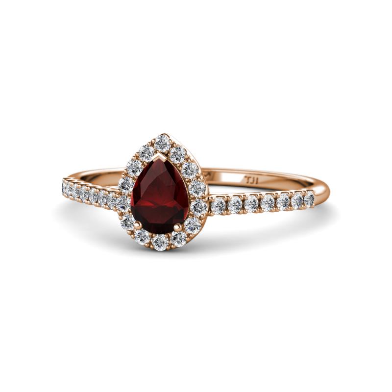 Arella Desire Pear Cut Red Garnet and Diamond Halo Engagement Ring 