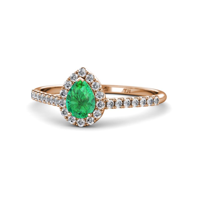 Arella Desire Pear Cut Emerald and Diamond Halo Engagement Ring 