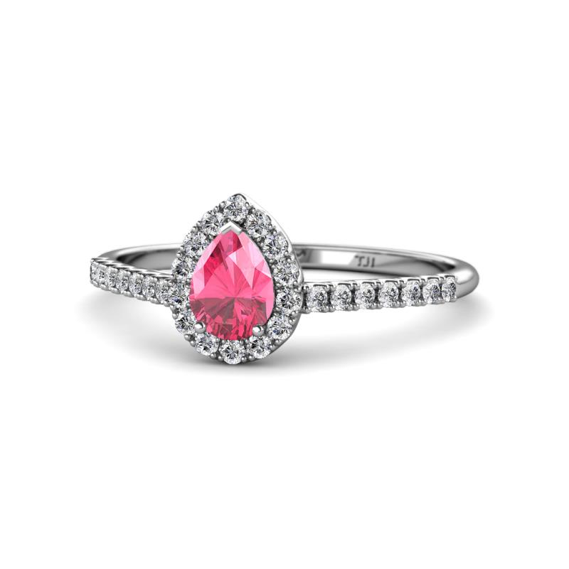 Arella Desire Pear Cut Pink Tourmaline and Diamond Halo Engagement Ring 