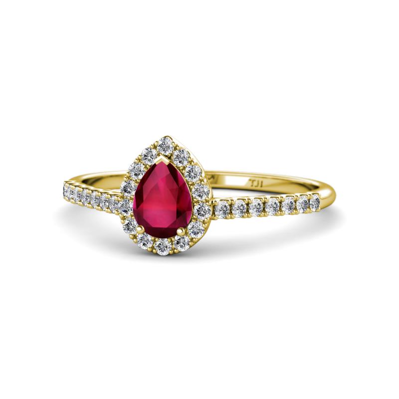Arella Desire Pear Cut Ruby and Diamond Halo Engagement Ring 