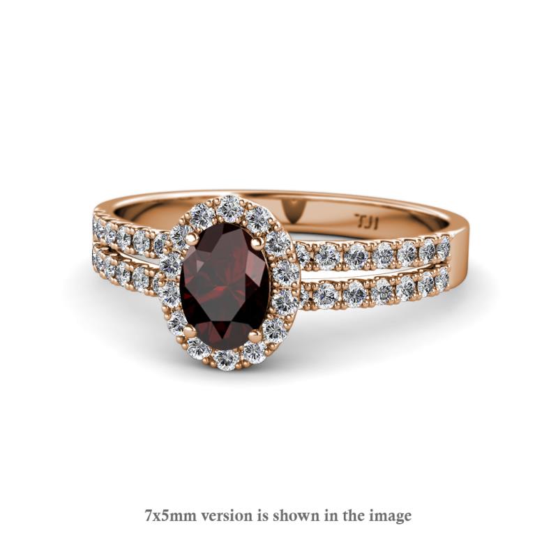 Amaya Desire Oval Cut Red Garnet and Diamond Halo Engagement Ring 