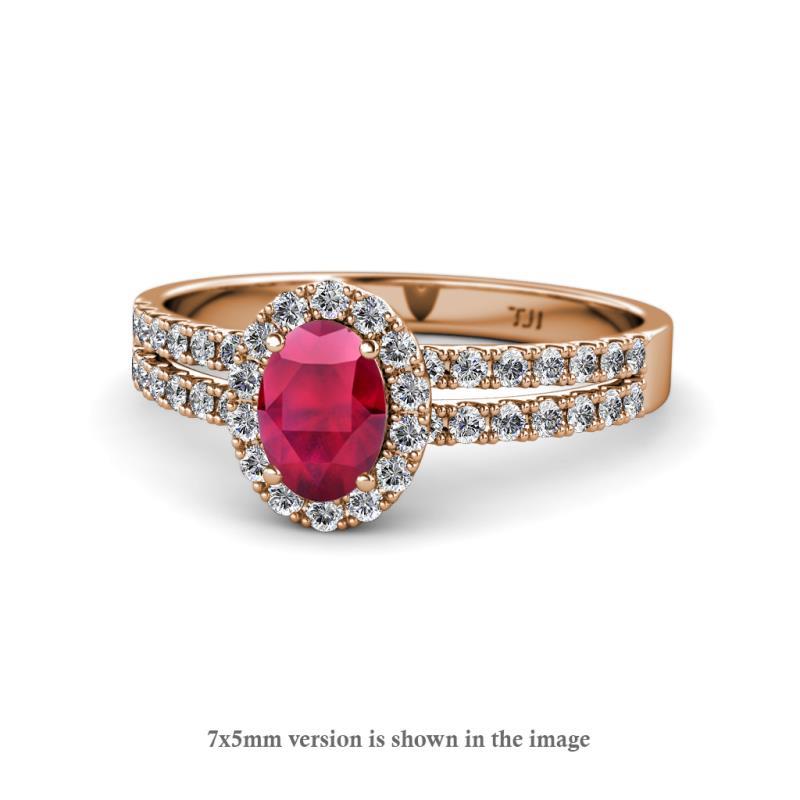 Amaya Desire Oval Cut Ruby and Diamond Halo Engagement Ring 