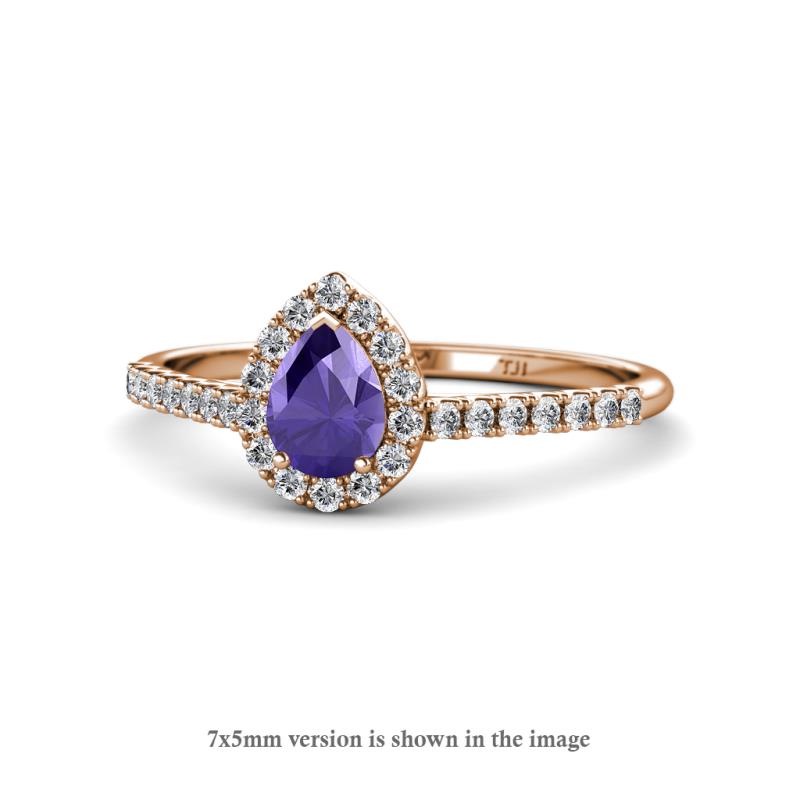Arella Desire Pear Cut Iolite and Diamond Halo Engagement Ring 