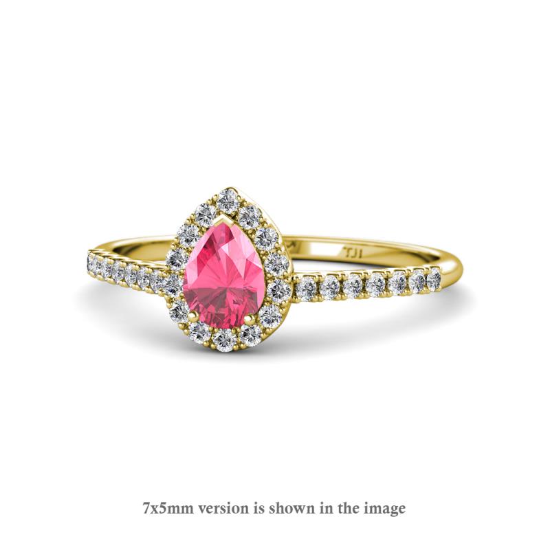 Arella Desire Pear Cut Pink Tourmaline and Diamond Halo Engagement Ring 