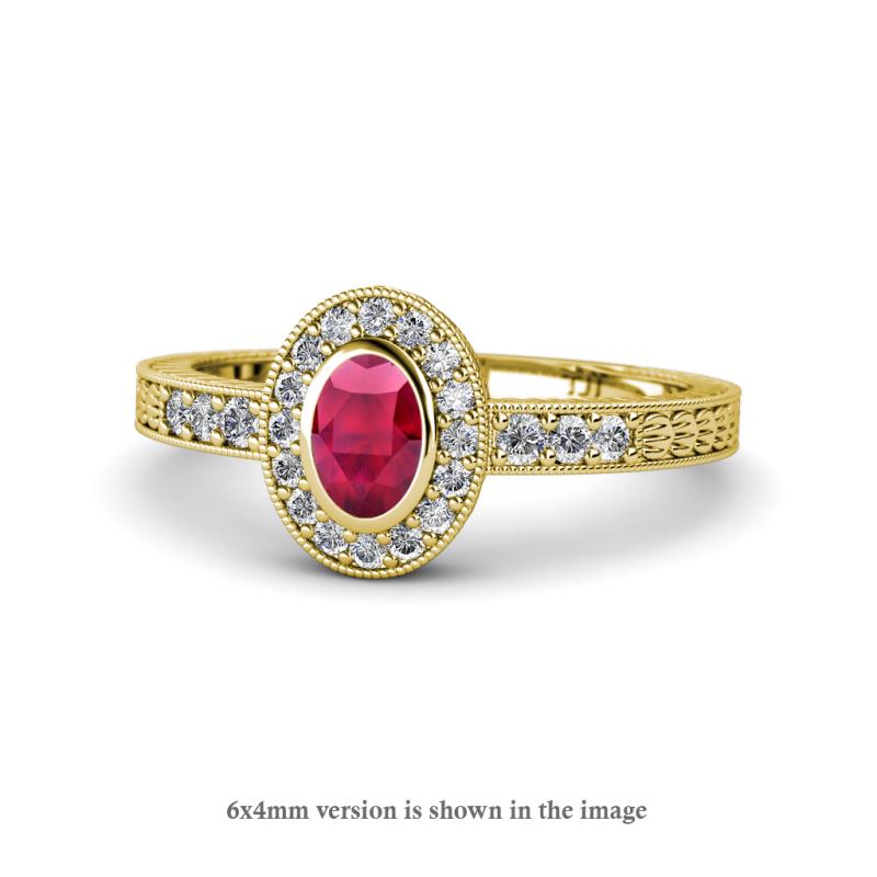 Annabel Desire Oval Cut Ruby and Diamond Halo Engagement Ring 