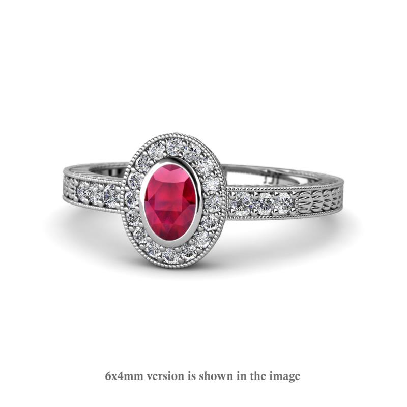 Annabel Desire Oval Cut Ruby and Diamond Halo Engagement Ring 