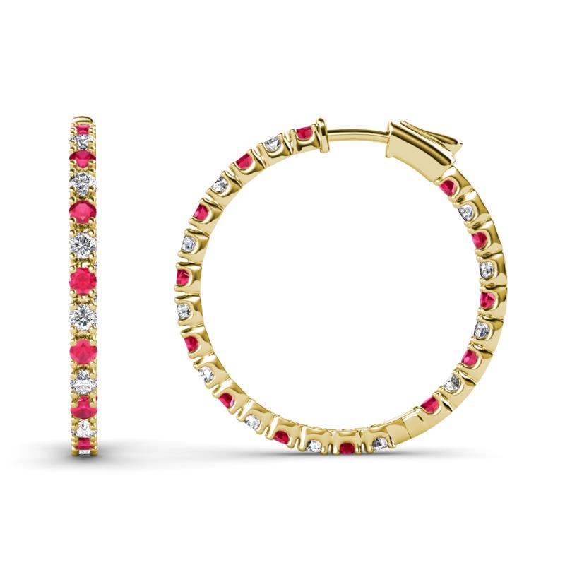 Melissa 1.03 ctw (1.70 mm) Inside Outside Round Ruby and Natural Diamond Eternity Hoop Earrings 