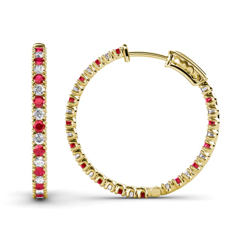 Melissa 1.95 ctw (2.00 mm) Inside Outside Round Ruby and Natural Diamond Eternity Hoop Earrings 