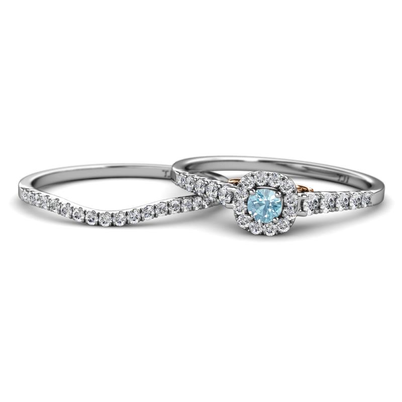 Florence Prima Aquamarine and Diamond Halo Bridal Set Ring 