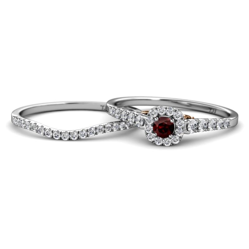 Florence Prima Red Garnet and Diamond Halo Bridal Set Ring 