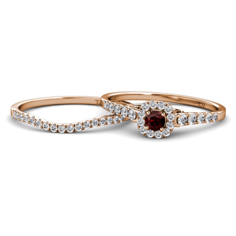 Florence Prima Red Garnet and Diamond Halo Bridal Set Ring 