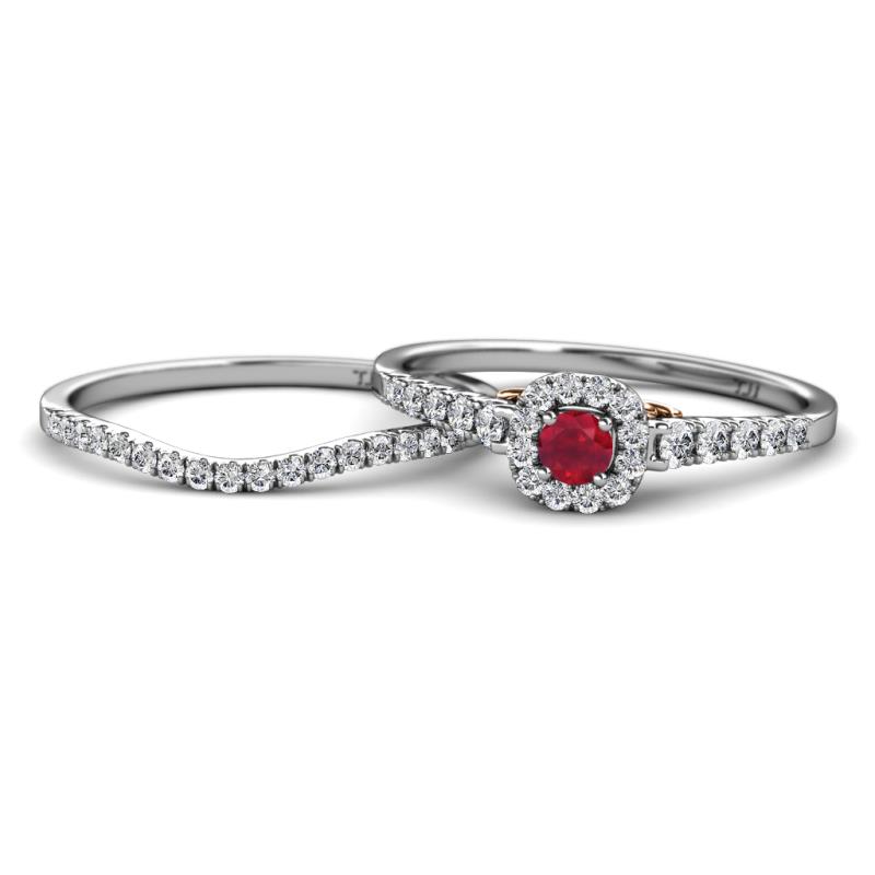 Florence Prima Ruby and Diamond Halo Bridal Set Ring 