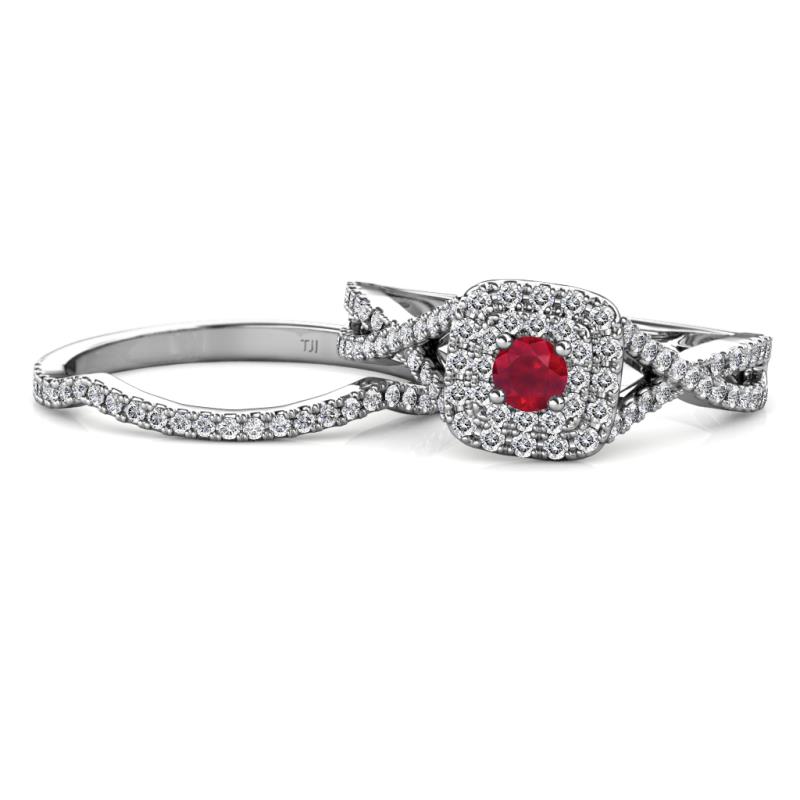 Maisie Prima Ruby and Diamond Halo Bridal Set Ring 
