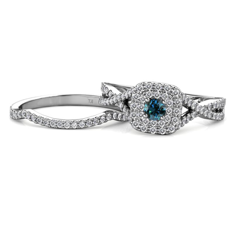 Maisie Prima Blue and White Diamond Halo Bridal Set Ring 