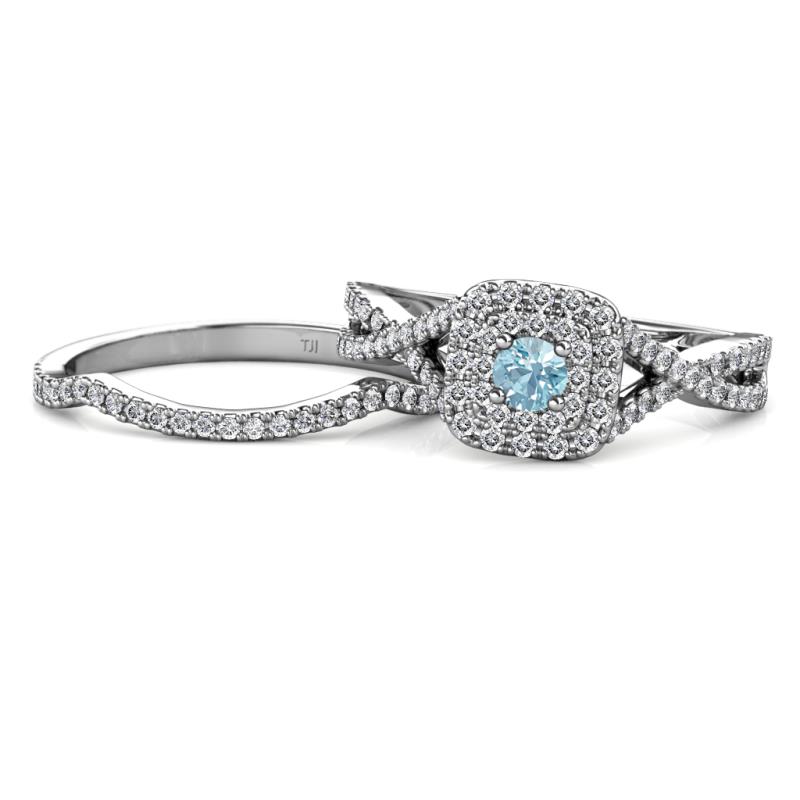 Maisie Prima Aquamarine and Diamond Halo Bridal Set Ring 