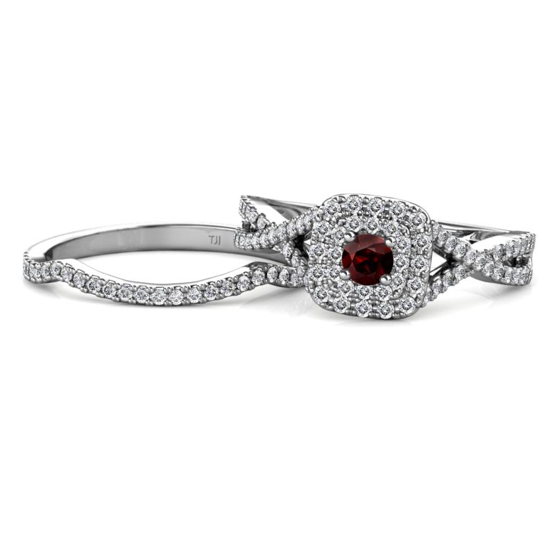 Maisie Prima Red Garnet and Diamond Halo Bridal Set Ring 