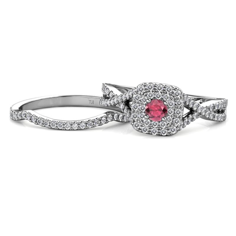 Maisie Prima Rhodolite Garnet and Diamond Halo Bridal Set Ring 