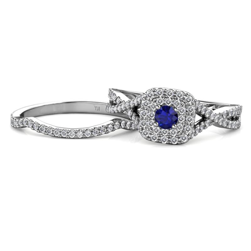 Maisie Prima Blue Sapphire and Diamond Halo Bridal Set Ring 