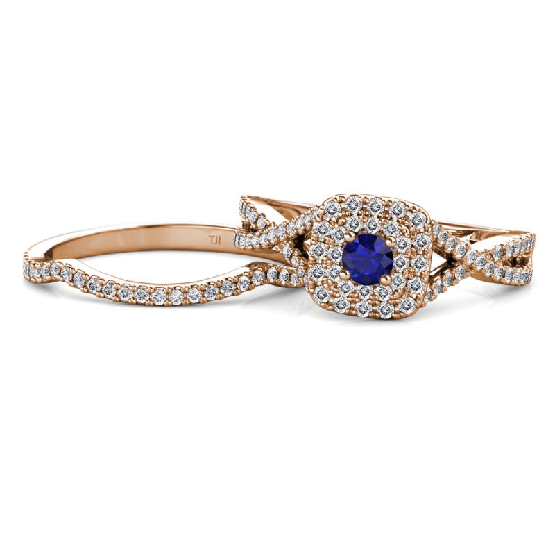 Maisie Prima Blue Sapphire and Diamond Halo Bridal Set Ring 