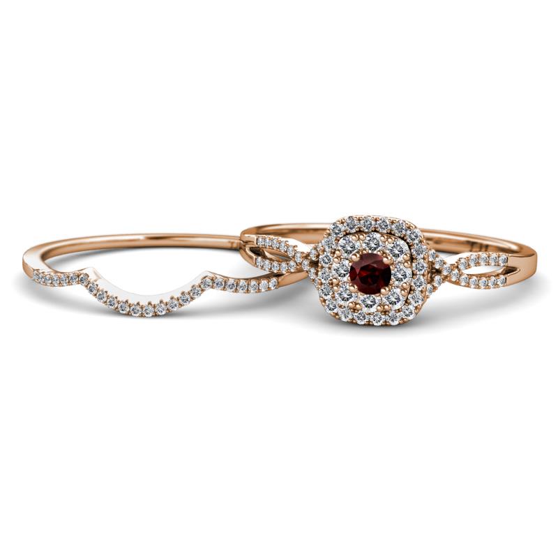 Yesenia Prima Red Garnet and Diamond Halo Bridal Set Ring 