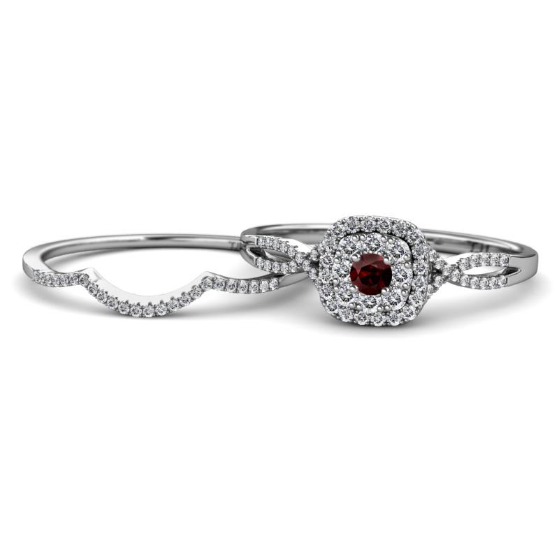 Yesenia Prima Red Garnet and Diamond Halo Bridal Set Ring 