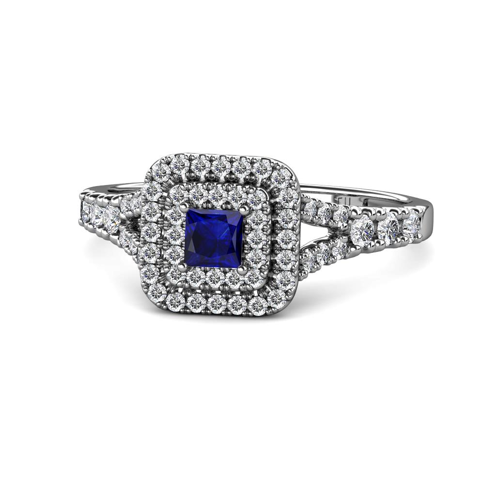 Zinnia Prima Blue Sapphire and Diamond Double Halo Engagement Ring 