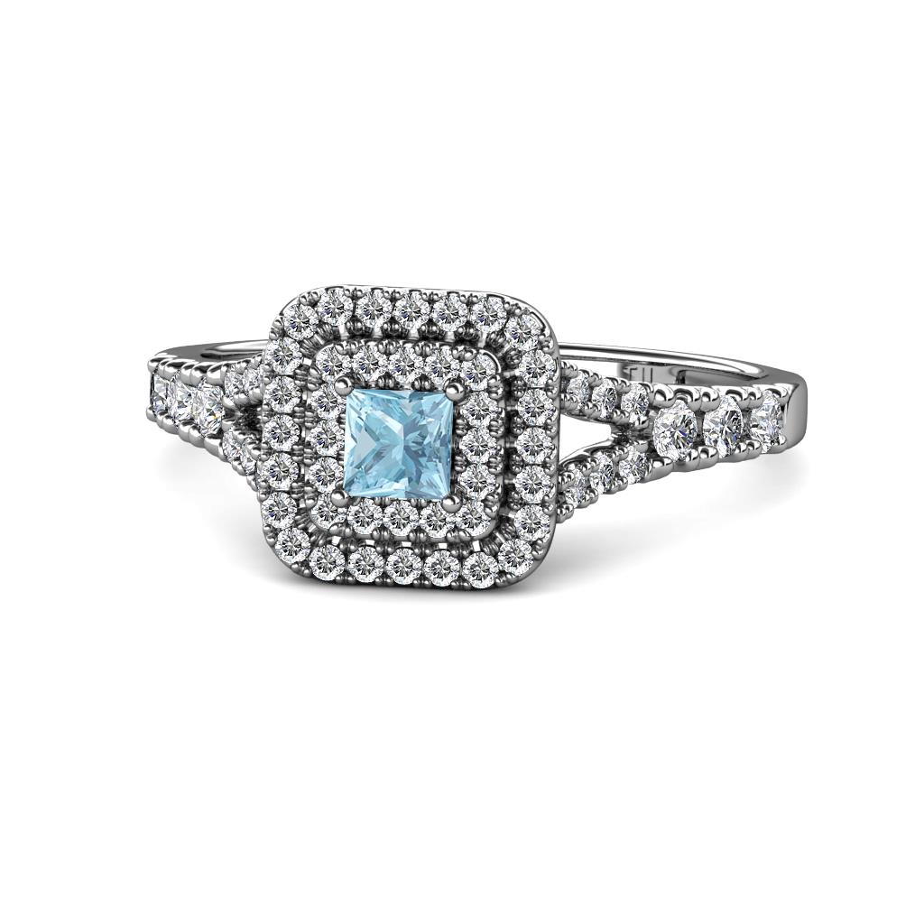 Zinnia Prima Aquamarine and Diamond Double Halo Engagement Ring 