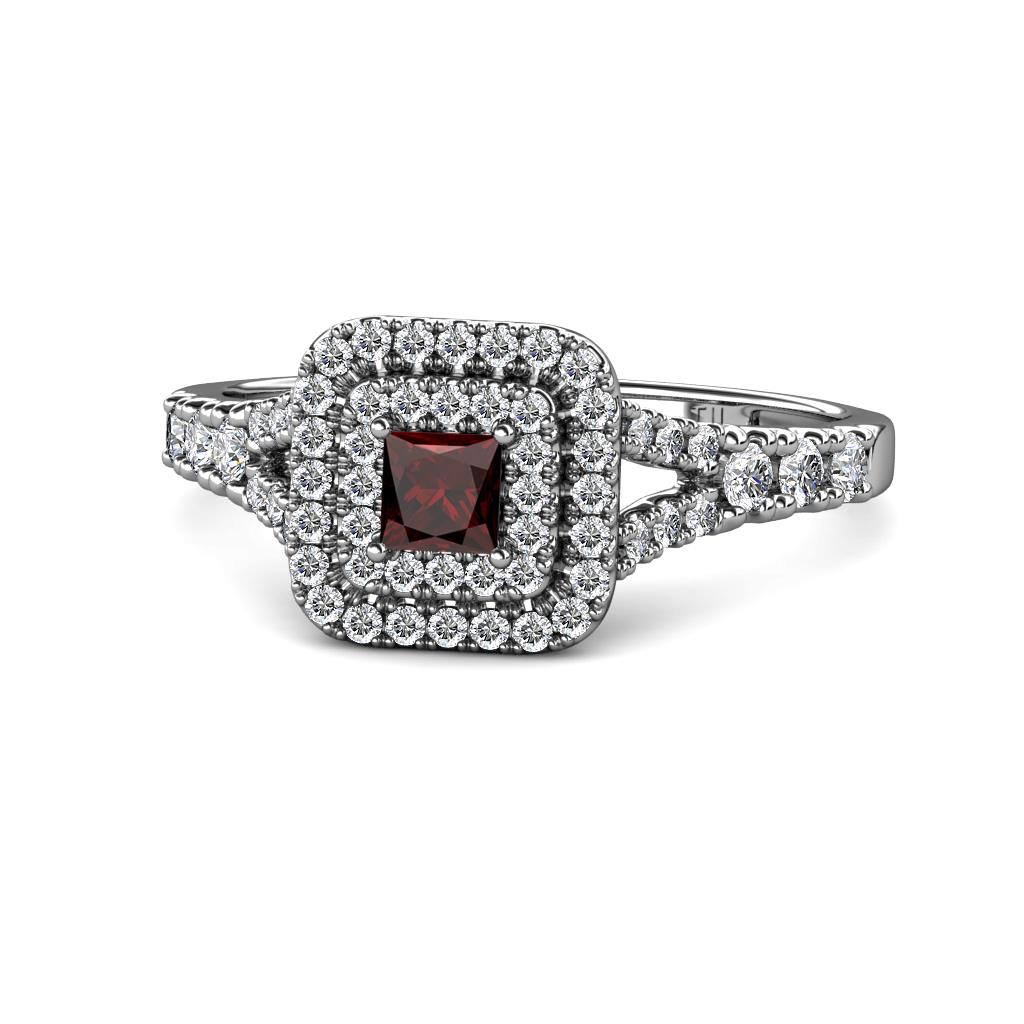Zinnia Prima Red Garnet and Diamond Double Halo Engagement Ring 