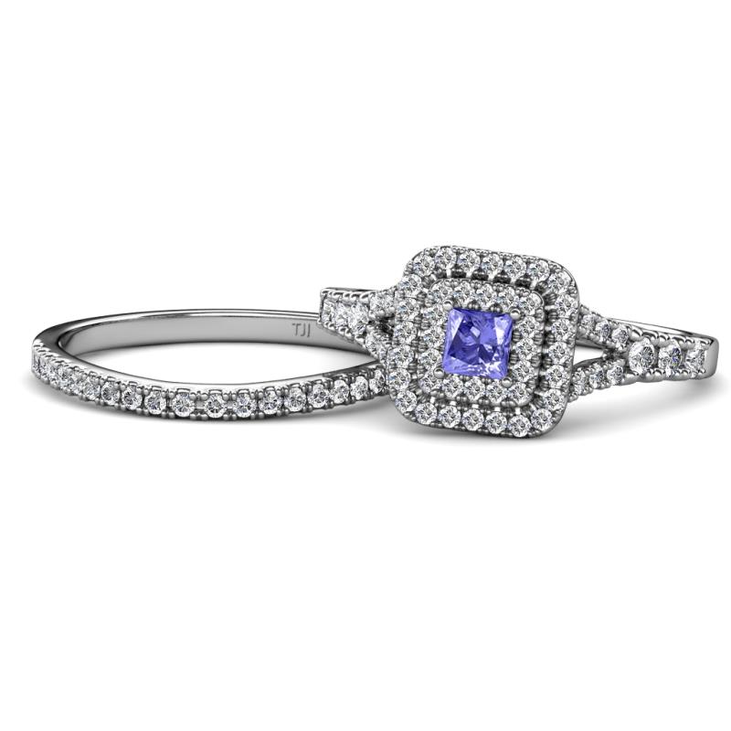 Zinnia Prima Tanzanite and Diamond Double Halo Bridal Set Ring 