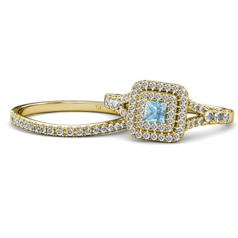 Zinnia Prima Aquamarine and Diamond Double Halo Bridal Set Ring 