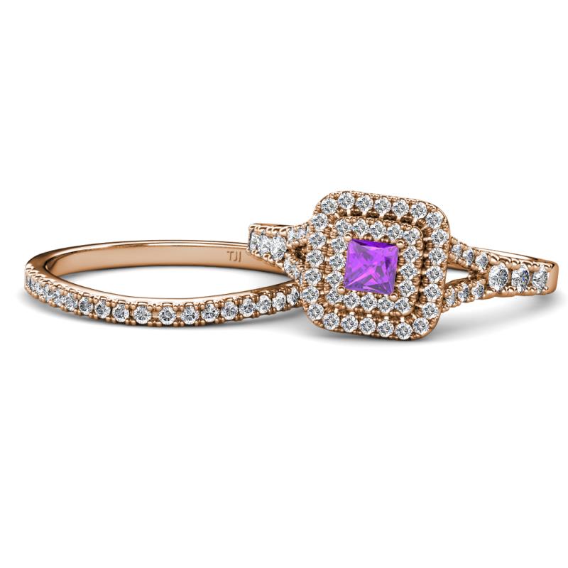 Zinnia Prima Amethyst and Diamond Double Halo Bridal Set Ring 