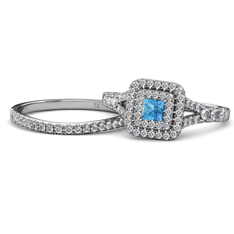 Zinnia Prima Blue Topaz and Diamond Double Halo Bridal Set Ring 