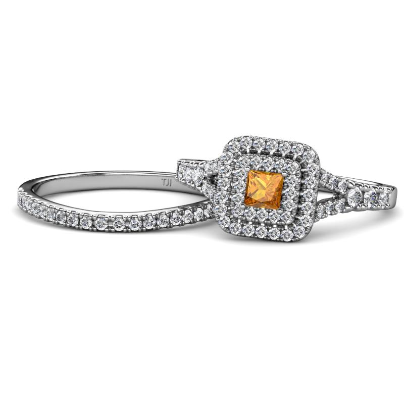 Zinnia Prima Citrine and Diamond Double Halo Bridal Set Ring 
