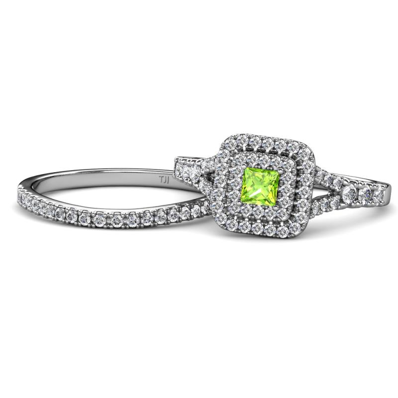Zinnia Prima Peridot and Diamond Double Halo Bridal Set Ring 