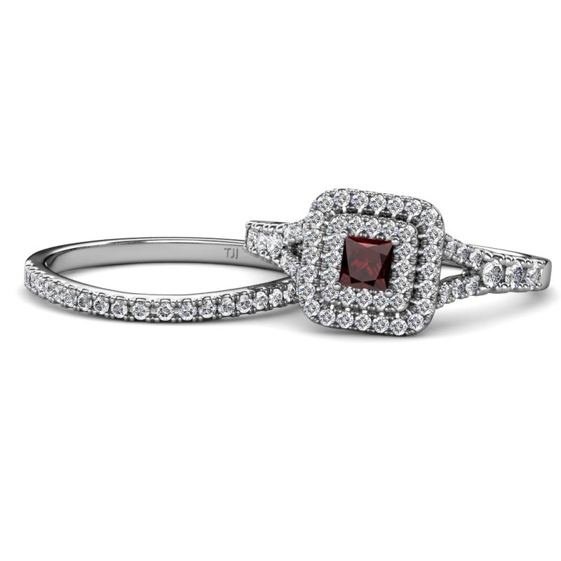 Zinnia Prima Red Garnet and Diamond Double Halo Bridal Set Ring 