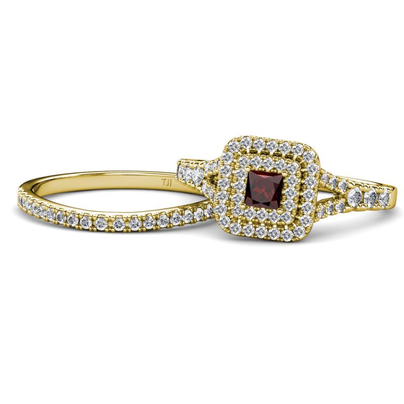 Zinnia Prima Red Garnet and Diamond Double Halo Bridal Set Ring 