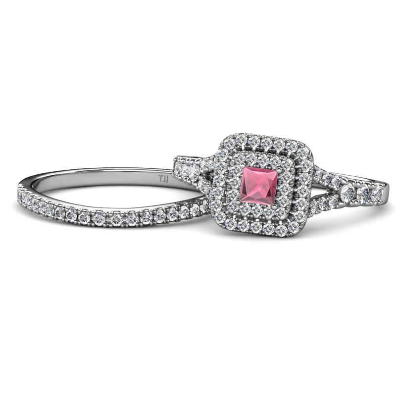 Zinnia Prima Rhodolite Garnet and Diamond Double Halo Bridal Set Ring 